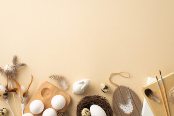 Easter rustic decorations concept. Top view photo of easter eggs in wooden holder nest ceramic...
