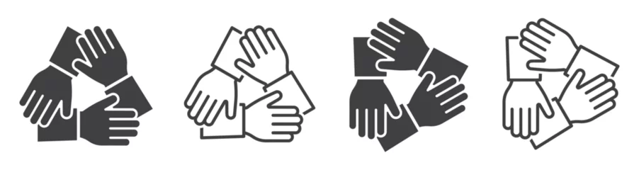 Foto op Plexiglas Set of teamwork icons. Three hands support each other, solidarity symbol, collaboration, unity hands. Partnership, business friendship, support. Vector. © SVIATOSLAV
