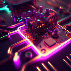 Fototapeta na wymiar Circuit board neon effect. Generative AI