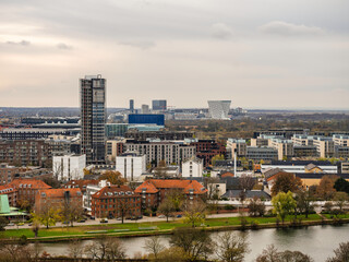 Fototapeta premium Aerial shot of Copenhagen's historic buildings and modern buildings, Denmark