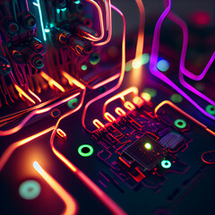 Circuit board neon effect. Generative AI