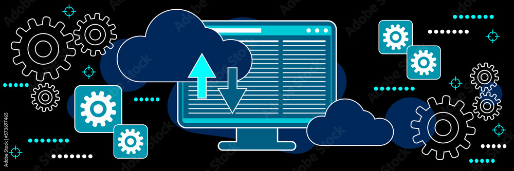 Poster cloud data backup, data storage, synchronization dark theme style vector concept illustration