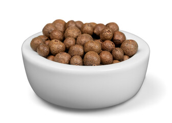 Collection of different spices with names in white pans, isolated