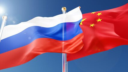 russia and china flags waving in the wind against a blue sky. chinese, russian national symbols 3d rendering