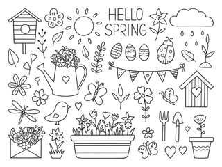Spring doodle set. Butterflies, bird, watering can, envelope with flowers, birdhouse in sketch style. Hand drawn vector illustration isolated on white background © AnyaLi