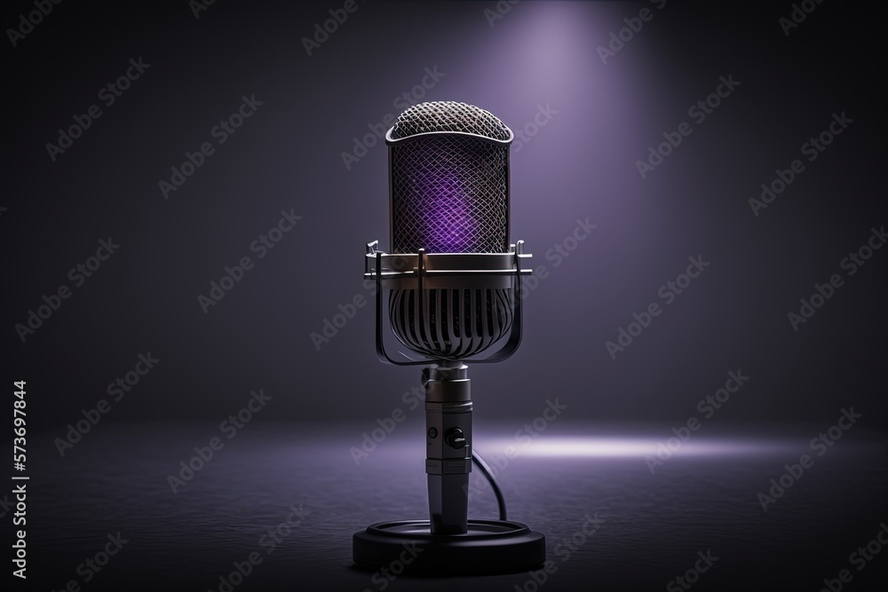 Poster a close up of a microphone in front of a studio backdrop. singers and musicians in the workplace. eq