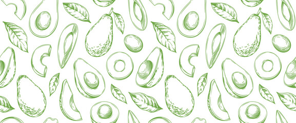 Seamless pattern with avocado. Healthy vegan food. Vector monochrome hand drawn illustration. 