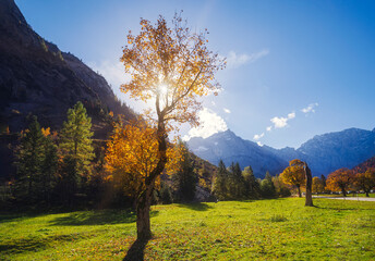  Herbststimmung in der Vormittagssonne im Karwendelgebirge in den österreichischen Alpen mit Blick...