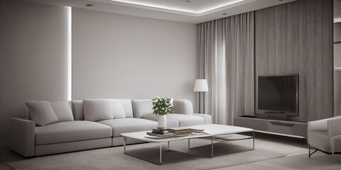 Fototapeta premium Elegant and comfortable designed living room with big corner sofa. Interior design modern apartment. Generative AI.