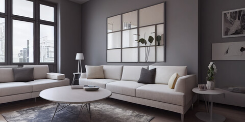 Elegant and comfortable designed living room with big corner sofa. Interior design modern apartment. Generative AI.