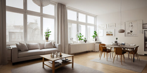 Fototapeta premium Stylish scandinavian composition of living room with design armchair, mock up poster frame, personal accessories in modern home decor. Generative AI.