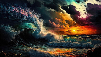 Fototapeta na wymiar A mesmerizing and moody Impressionist depiction of a stormy sunset over the ocean shore, with coatl-colored waves and a jazzy atmosphere - a stunning wallpaper background