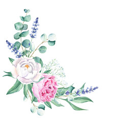 Watercolor corner bouquet, white and pink peonies, lavender, gypsophila, eucalyptus. Hand painted illustration isolated on white background. Can be used for greeting cards, wedding invitations, save
