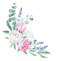 Watercolor bouquet, corner, white and pink peonies, lavender, gypsophila, eucalyptus. Hand painted illustration isolated on white background. Can be used for greeting cards, wedding invitations, save