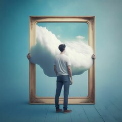 Picture of a man looking in a mirror seeing hin behind a BIG cloud