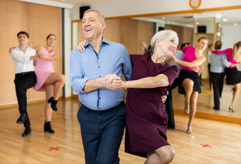 Active elderly pair practicing Latino dance in training hall during dancing-classes. Pairs training ballroom dance