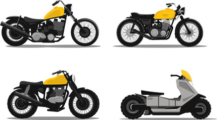 Set of color vector motorcycle icons, illustrations of different types of motorcycles. Stock vector illustration