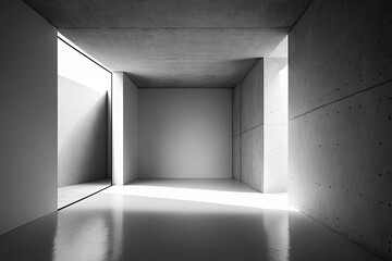 Industrial Interior Background Template, Abstract Empty Modern Concrete Room with Indirect Back Lighting, Diagonal Walls, and Rough Floor. Generative AI