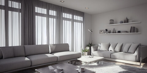 Elegant and comfortable designed living room with big corner sofa. Interior design modern apartment. Generative AI.