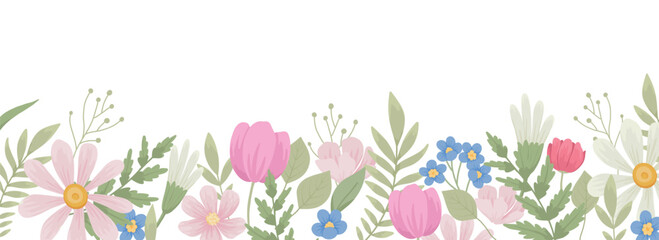 Floral border. Blossomed summer flowers, edge decoration, banner. Spring field and meadow blooming plants, beautiful wildflowers. Delicate floristic horizontal decor. Flat vector illustration
