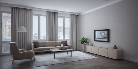 Obraz na płótnie Canvas Elegant and comfortable designed living room with big corner sofa. Interior design modern apartment. Generative AI.