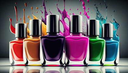 Colorful nail polish bottles, fashion trendy illustration. Generative AI - obrazy, fototapety, plakaty