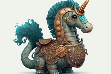 Cartoon seahorse wearing a saddle and armor. Generative AI