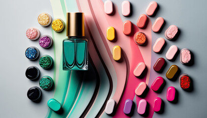 Colorful nail polish bottles, fashion trendy illustration. Generative AI
