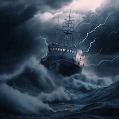 Fototapeta premium Dibujo digital de barco navegando por el mar en una tormenta electrica
