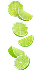 Fototapeta na wymiar Lime fruit slices levitation, cut out