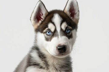 Pictured here is a Siberian Husky pup, just six months old, posing against a white background for its portrait. Generative AI