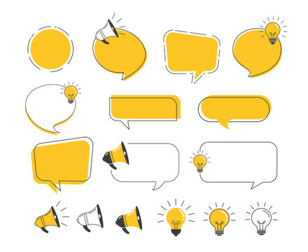 Collection of yellow and black speech bubbles, megaphones and light bulbs. Fun facts, trivia, idea concept design