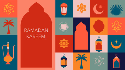 Geometric style colorful Islamic Ramadan Kareem banner, poster design. Mosque, moon, dome and lanterns. Minimalistic illustrations