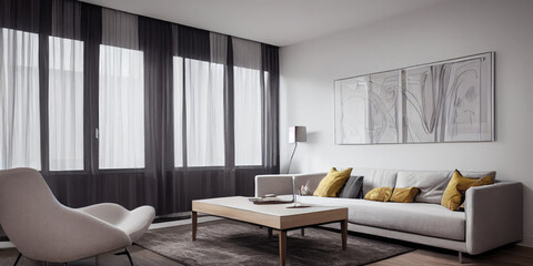 Naklejka na ściany i meble Elegant and comfortable designed living room with big corner sofa. Interior design modern apartment. Generative AI.
