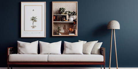 Mockup frame in interior background, room in warm tone, Scandi-Boho style, Generative AI