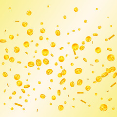 Japanese yen coins falling. Scattered gold JPY