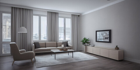 Elegant and comfortable designed living room with big corner sofa. Interior design modern apartment. Generative AI.