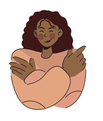 March 8 Accept justice. International Women's Day. IWD. Emrace Equity. african american girl hugging herself and taking care of herself