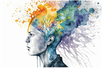 Mental health - human head in watercolor (AI generated)