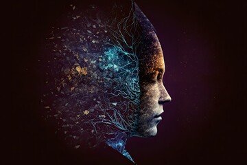 Human head with glowing neurons in brain, eosteric and medidation (AI generated)