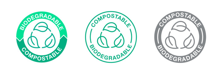 Biodegradable compostable icons, bio recyclable and degradable package stamps, vector recycle leaf symbols. Eco and bio degradable label for recyclable plastic free bags - 573703621