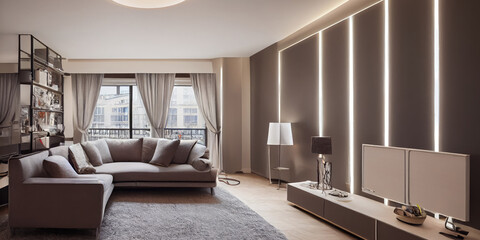 Elegant and comfortable designed living room with big corner sofa. Interior design modern apartment. Generative AI.