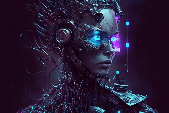 artificial intelligence robot face, android close-up, machine learning, cyborg concept. generative ai	