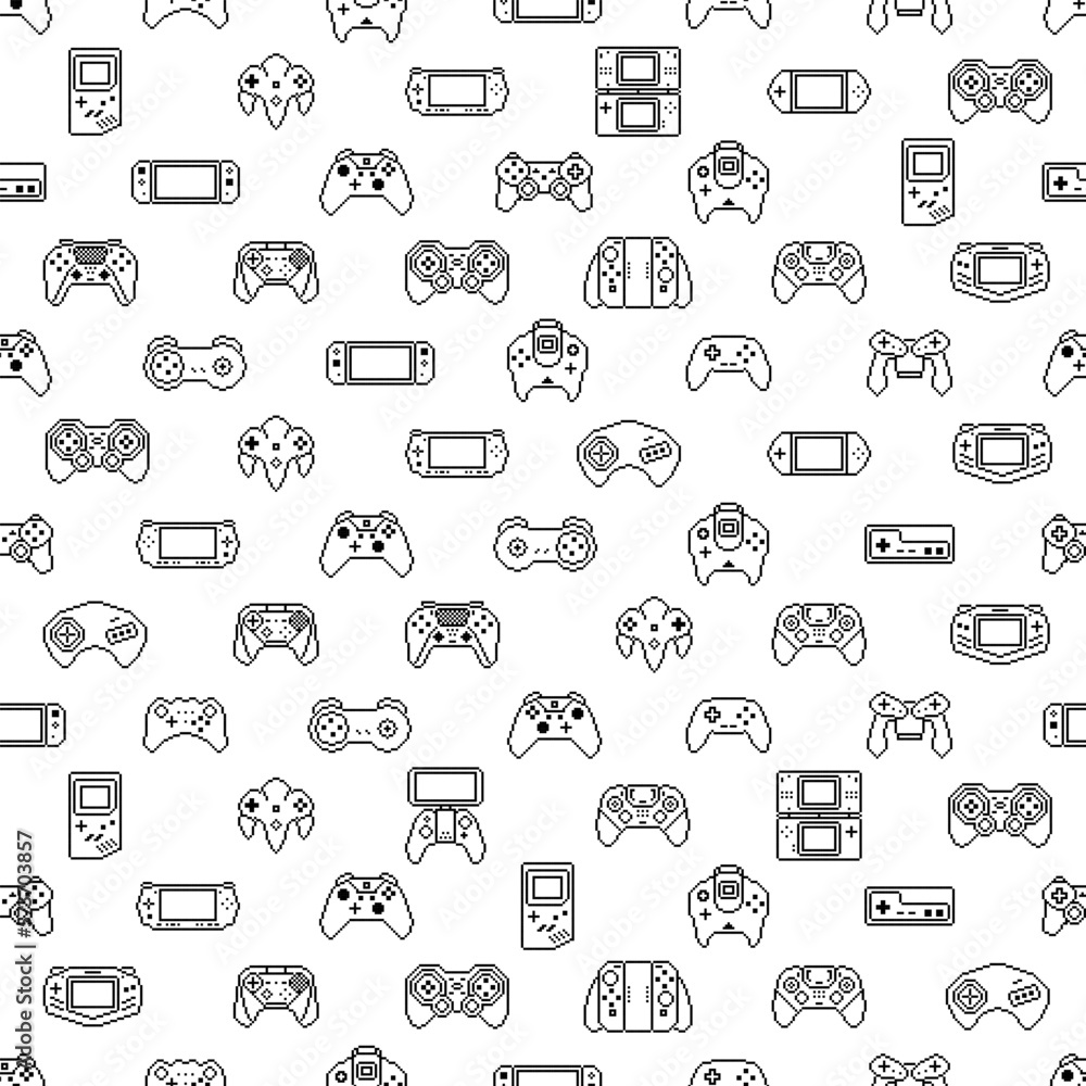 Sticker Video game controller background Gadgets and devices seamless pattern vector Pixel Art style