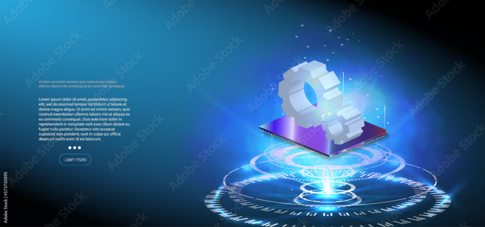 Poster processor with lights on the blue background. quantum computer, large data processing, database conc
