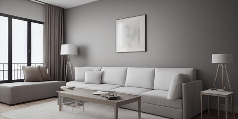 Elegant and comfortable designed living room with big corner sofa. Interior design modern apartment. Generative AI.