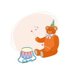 Cute teddy bear in festive cap and blue bow around his neck sits and drums on blue-red drum. Greeting children's card. Vector illustration in cartoon style.