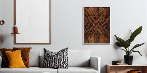 Mockup frame in interior background, room in warm tone, Scandi-Boho style, Generative AI