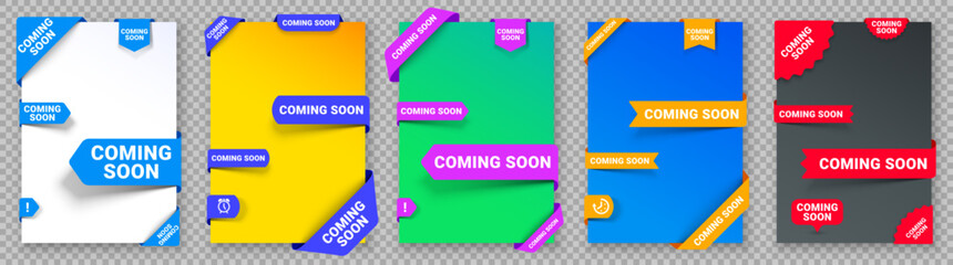 Coming soon banners, labels and corner ribbons, vector new open tags and signs. Coming soon icons, banners and corner frames set