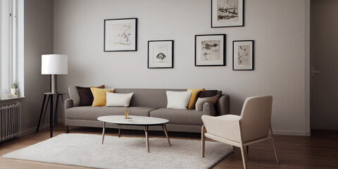 Elegant and comfortable designed living room with big corner sofa. Interior design modern apartment. Generative AI.